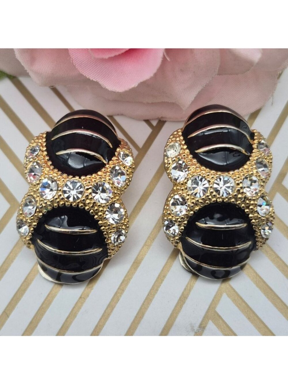Vintage Clip On Earrings Gold Tone, Crystal & Black Enamel Large Statement Fancy